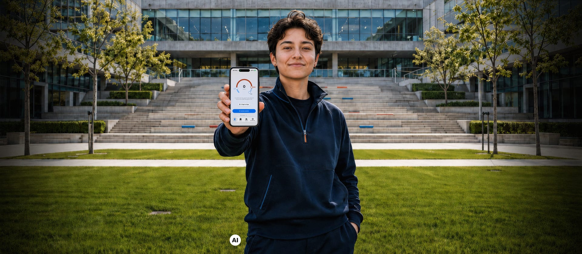 Eine junge Person steht auf einer Rasenfläche vor einem modernen Gebäude aus Glas und Beton und hält ein iPhone in die Kamera, auf dem der Startbildschirm von Qardbox mit dem Tagesring zu sehen ist. Das Bild ist mit künstlicher Intelligenz erzeugt.
